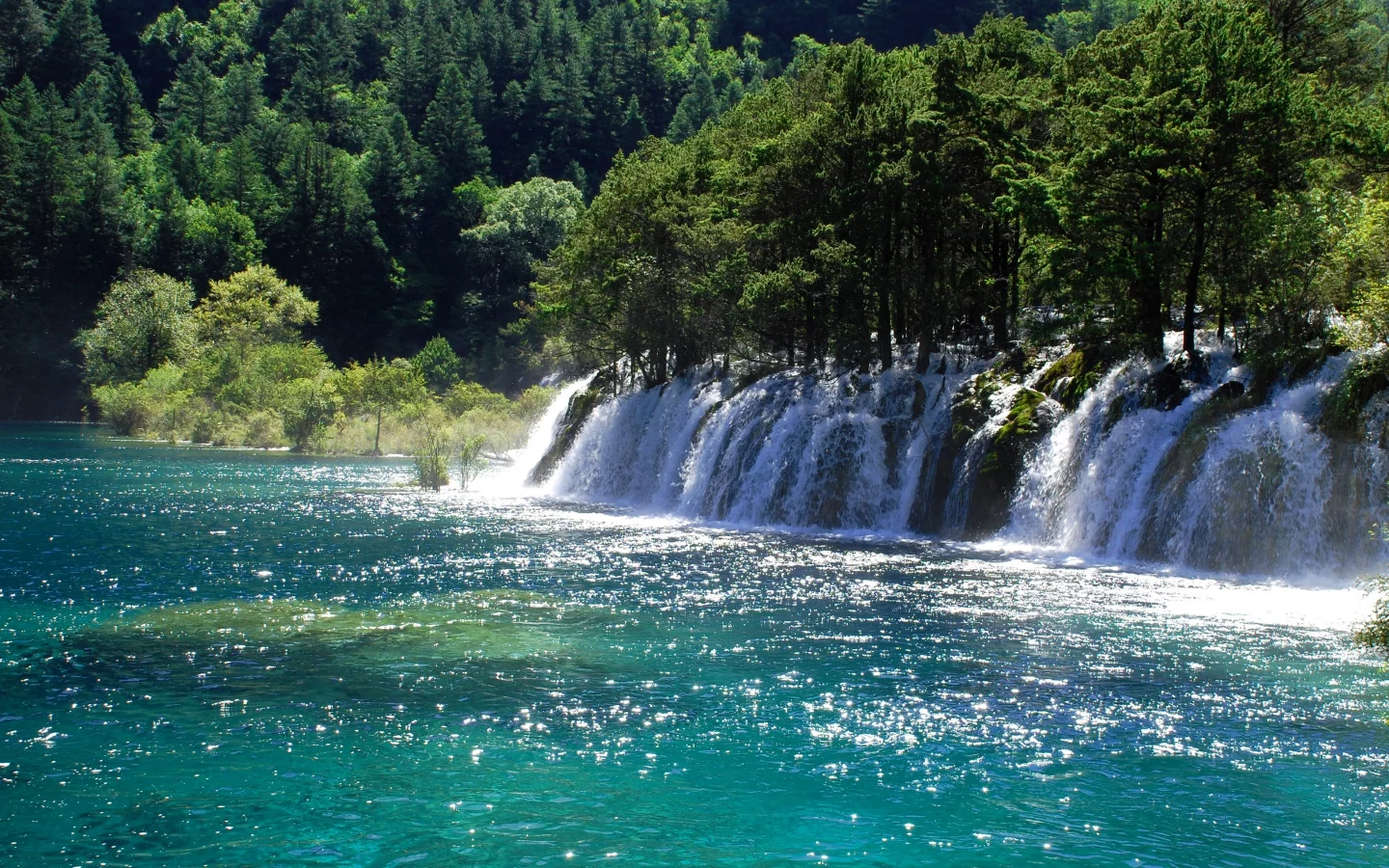водопад, деревья, река