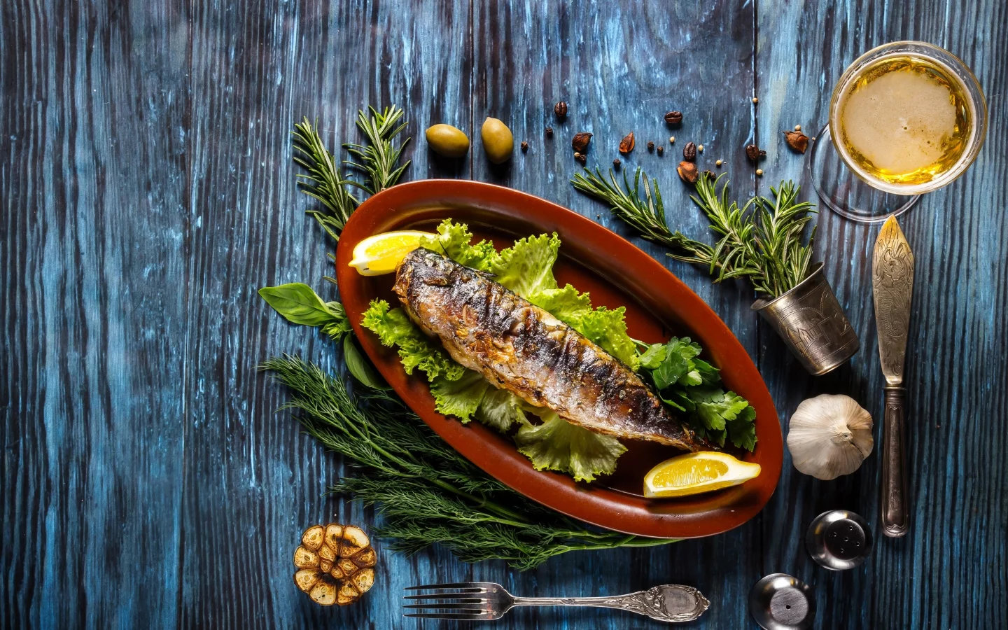 рыба, специи, fish, wood, соус, зелень, вино, лимон, укроп