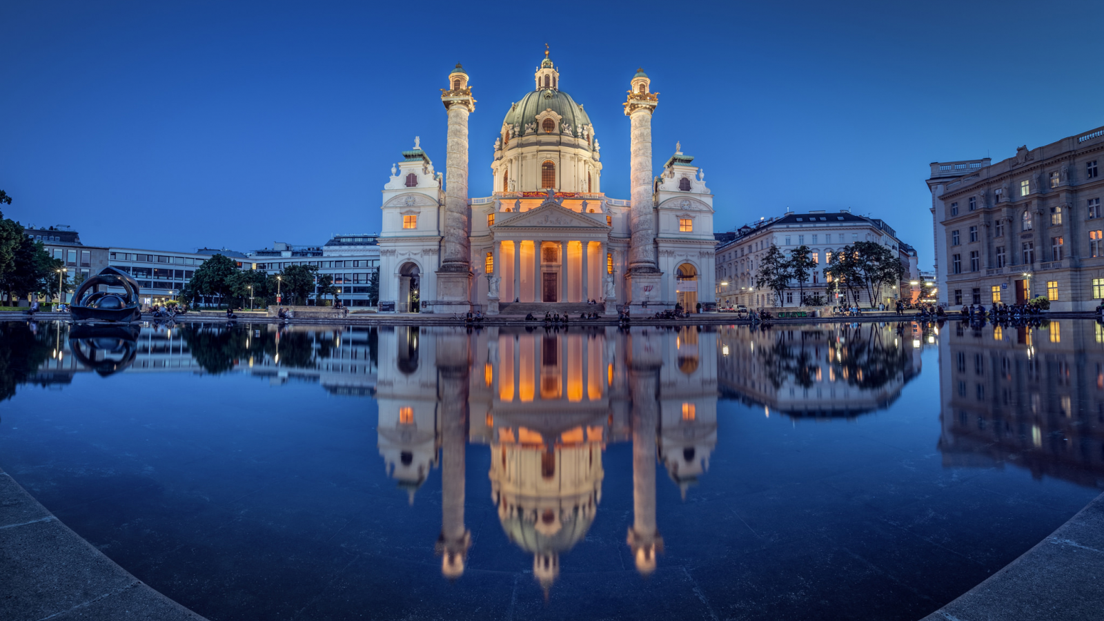 отражение, австрия, церковь, ночной город, водоём