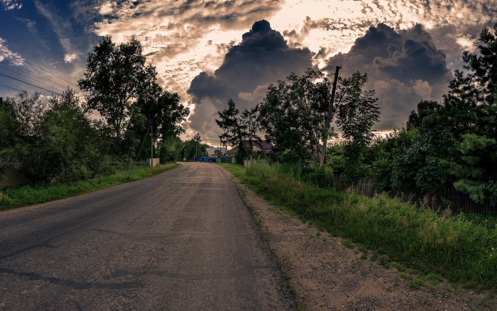 облака, дорога, деревня