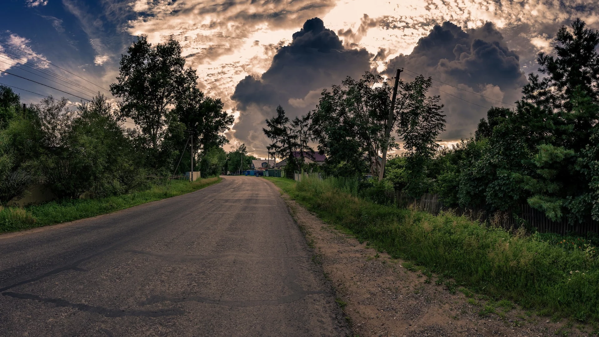 облака, дорога, деревня