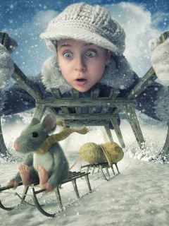 арахис, санки, зима, снег, мышь, девочка