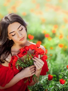платье, лето, маки, поле, девушка, брюнетка, локоны, природа, цветы