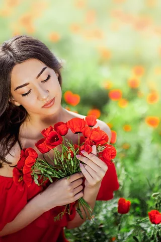 платье, лето, маки, поле, девушка, брюнетка, локоны, природа, цветы