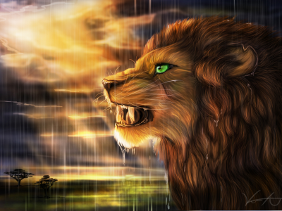 саванна, профиль, дождь, солнце, лев, дикая кошка