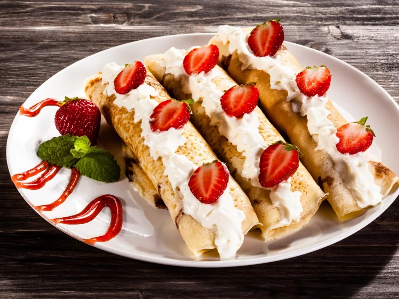 клубника, еда, крем, блины, сладкое, сироп, десерт, pancakes