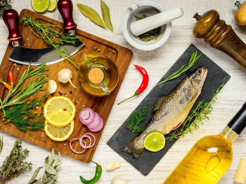 лук, lemon, spices, специи, pepper, fish, рыба, доска, масло, лимон, перец