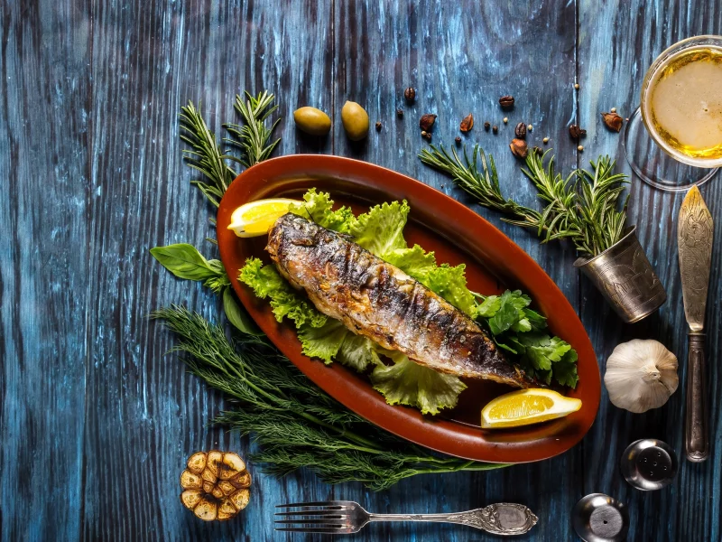 рыба, специи, fish, wood, соус, зелень, вино, лимон, укроп