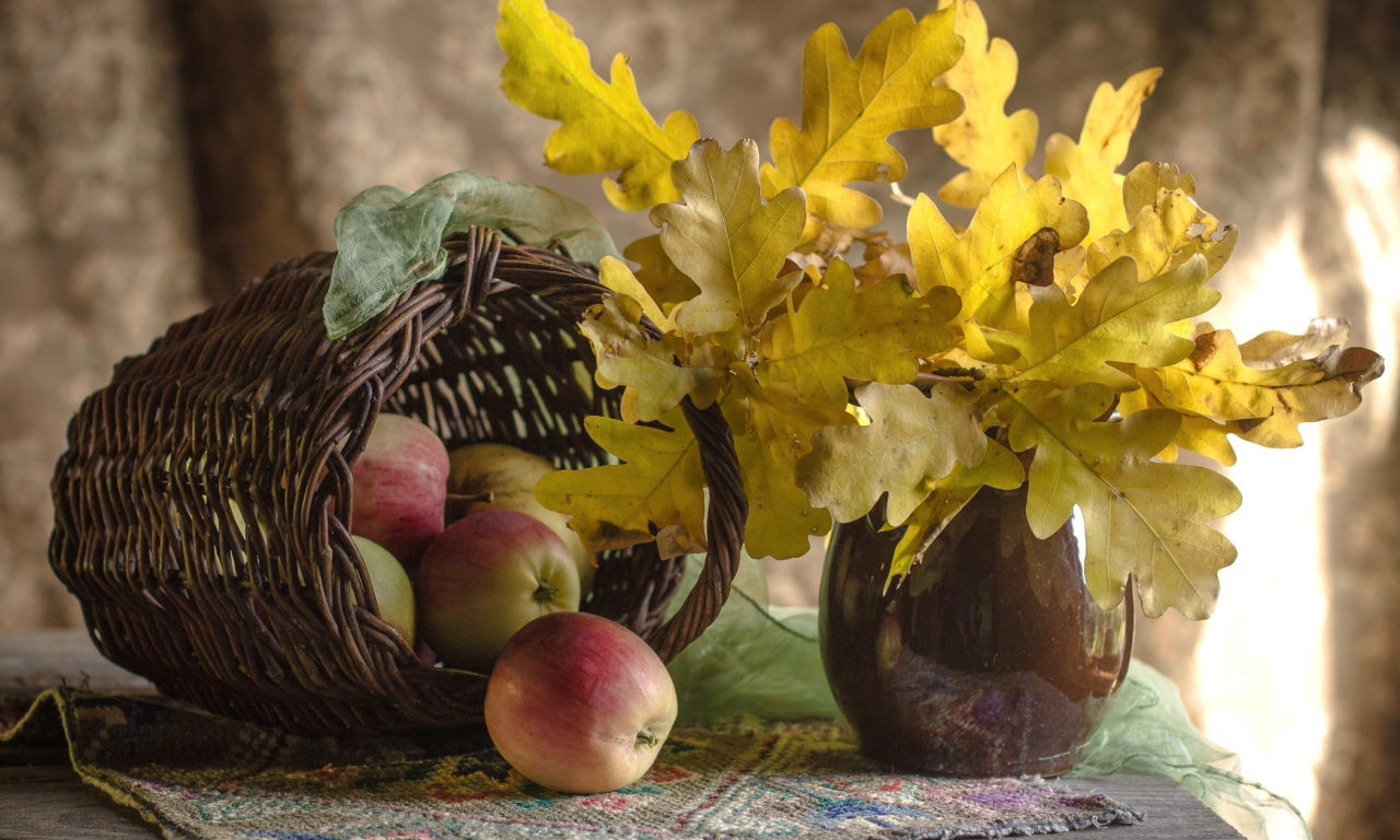 осень, листья, яблоки, натюрморт, дуб