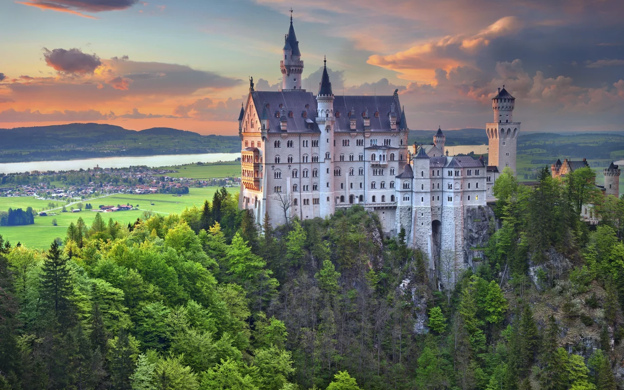 замок, нойшванштайн, бавария, германия, деревья, небо, пейзаж, neuschwanstein, schloss