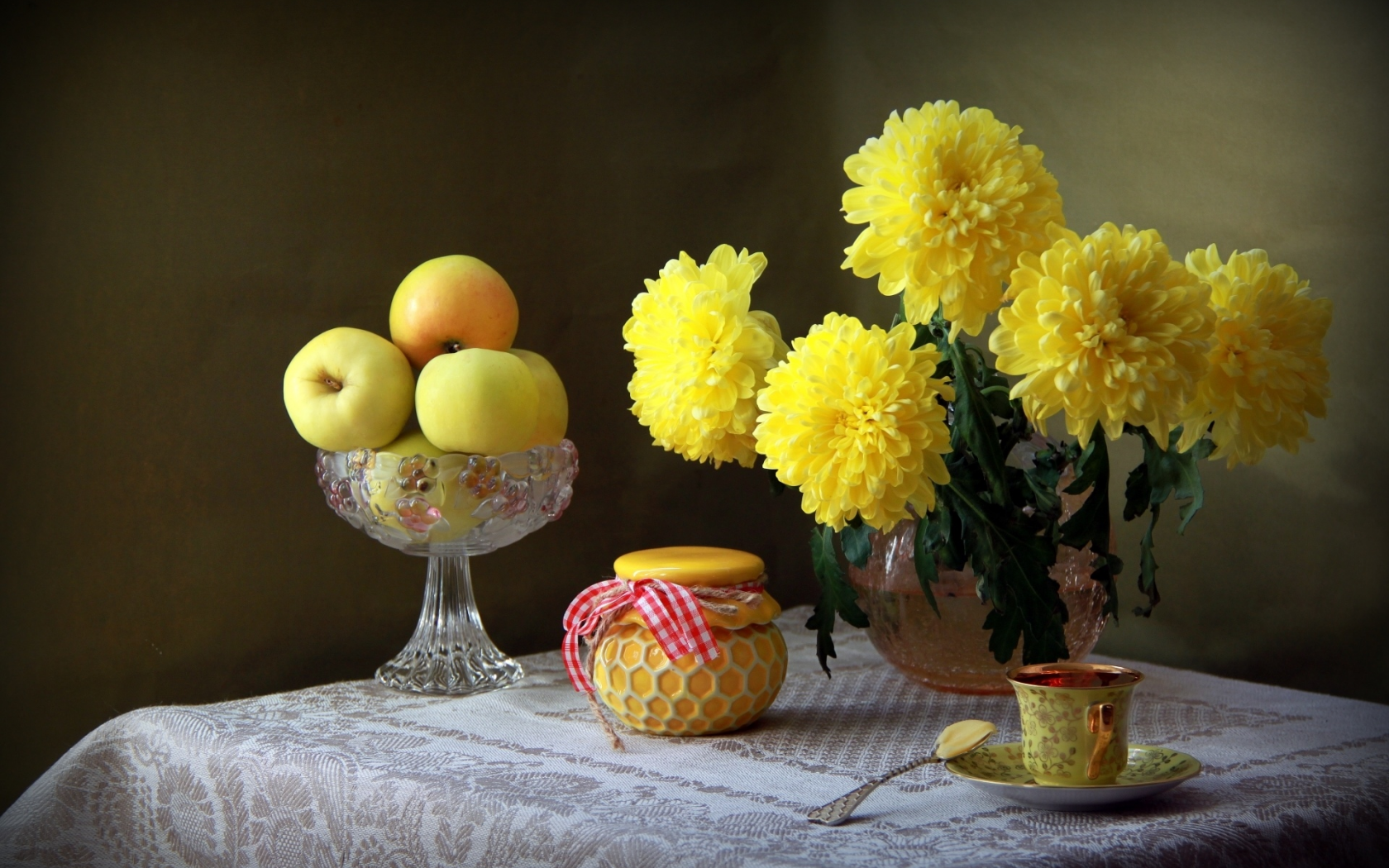желтый, яблоки, чашка, натюрморт, хризантемы, баночка