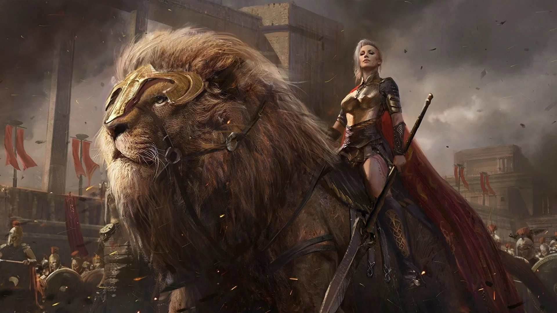 lion, power, army, ken, men, weapons, shield, swords, spears, sovereign, blades, giant lion, conquerors