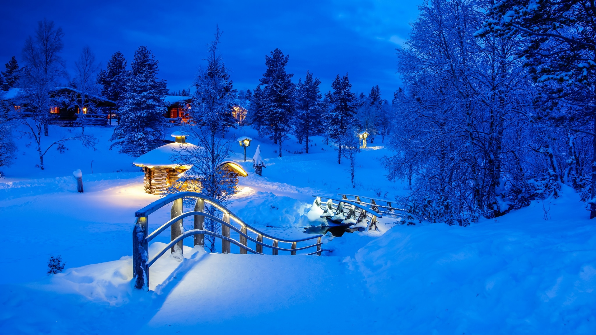 зима, снег, деревья, мост, деревня, сугробы