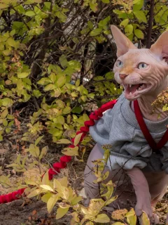 кошка, кот, поводок, кусты, злюка, сфинкс