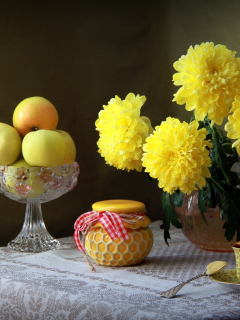 желтый, яблоки, чашка, натюрморт, хризантемы, баночка