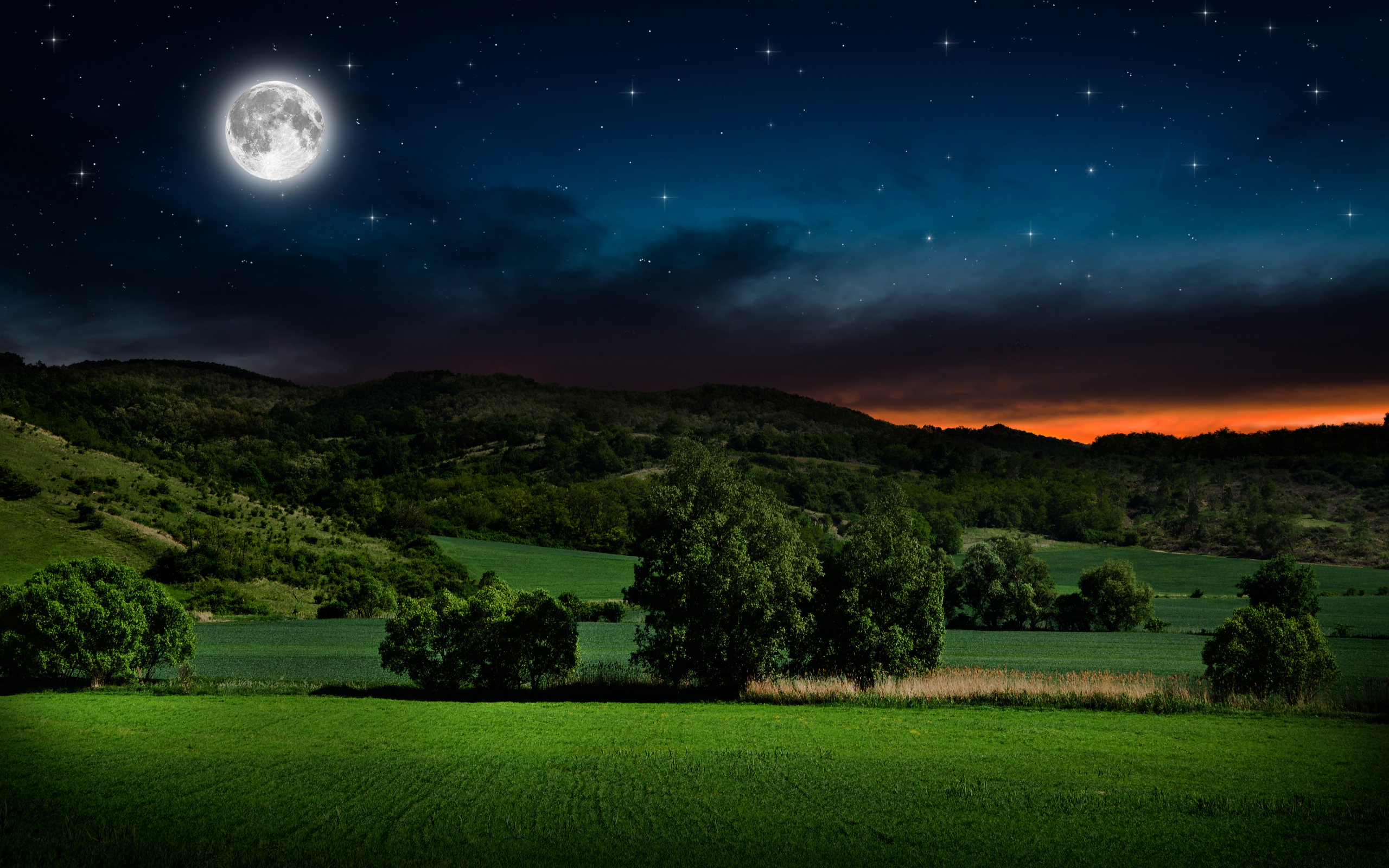 луна, ночь, пейзаж, облака, небо, звёзды, холмы, кустарники, деревья
