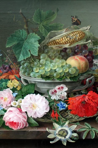 бабочки, цветы, фрукты, натюрморт