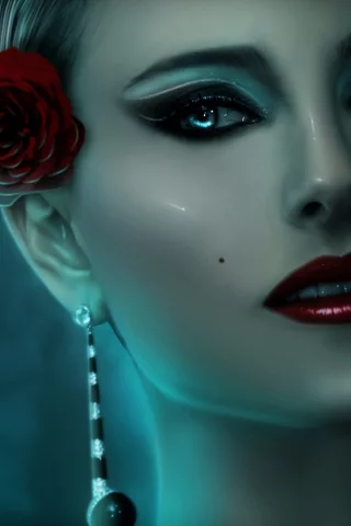 цветок, взгляд, девушка, лицо, роза, кукла, макияж, арт, фарфор