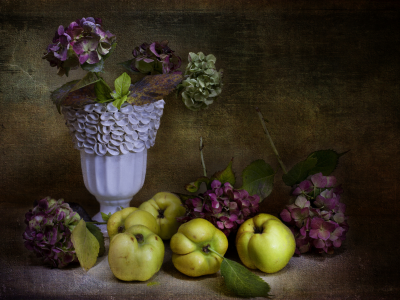 цветы, ретро, яблоки, ваза, натюрморт