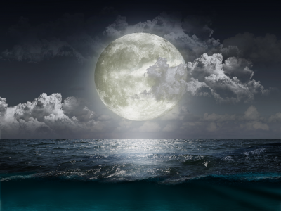 океан, море, луна, ночь, пейзаж, облака, небо