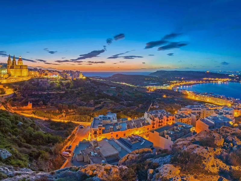 море, пейзаж, огни, дома, панорама
