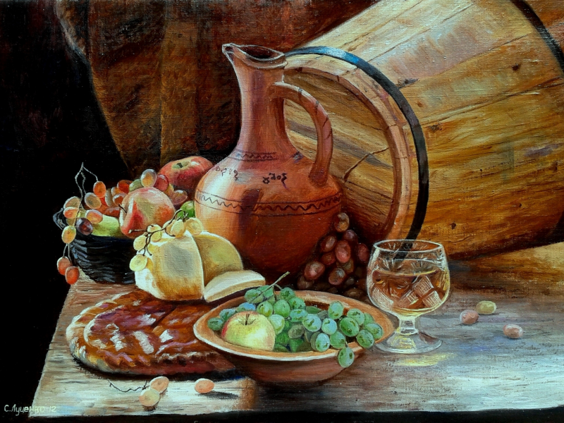 вино, рисунок, бокал, еда, картина, кувшин, фрукты, живопись, бочонок, бренди, уценко, натюрморт с виноградом