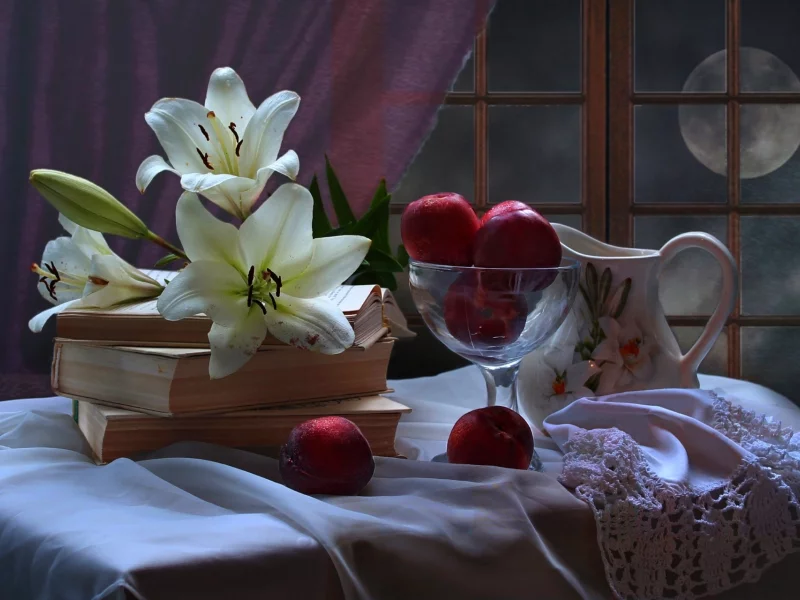 цветы, ночь, луна, лилии, книги, текстура, кувшин, натюрморт, нектарины