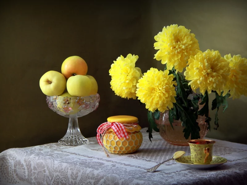 желтый, яблоки, чашка, натюрморт, хризантемы, баночка