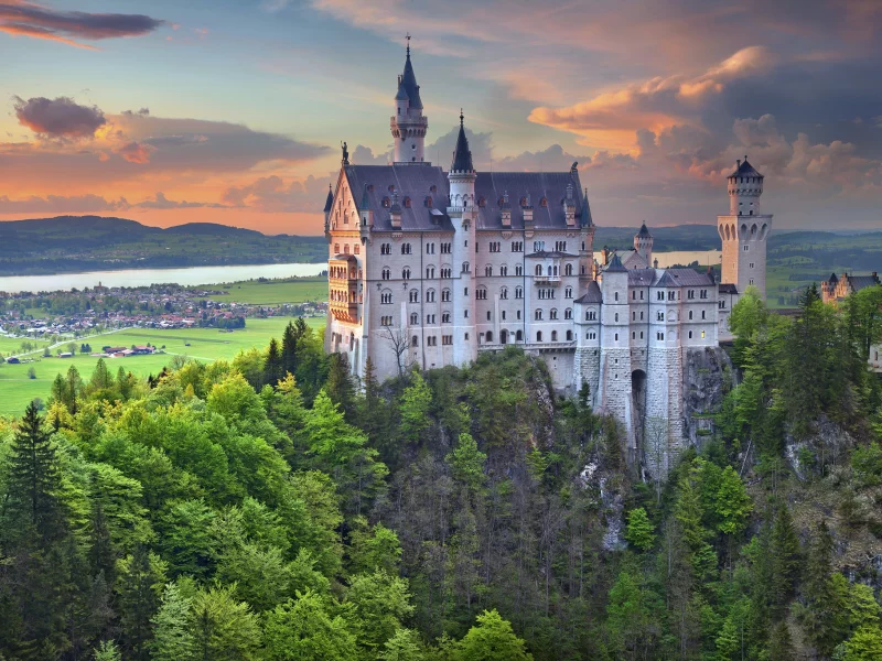 замок, нойшванштайн, бавария, германия, деревья, небо, пейзаж, neuschwanstein, schloss