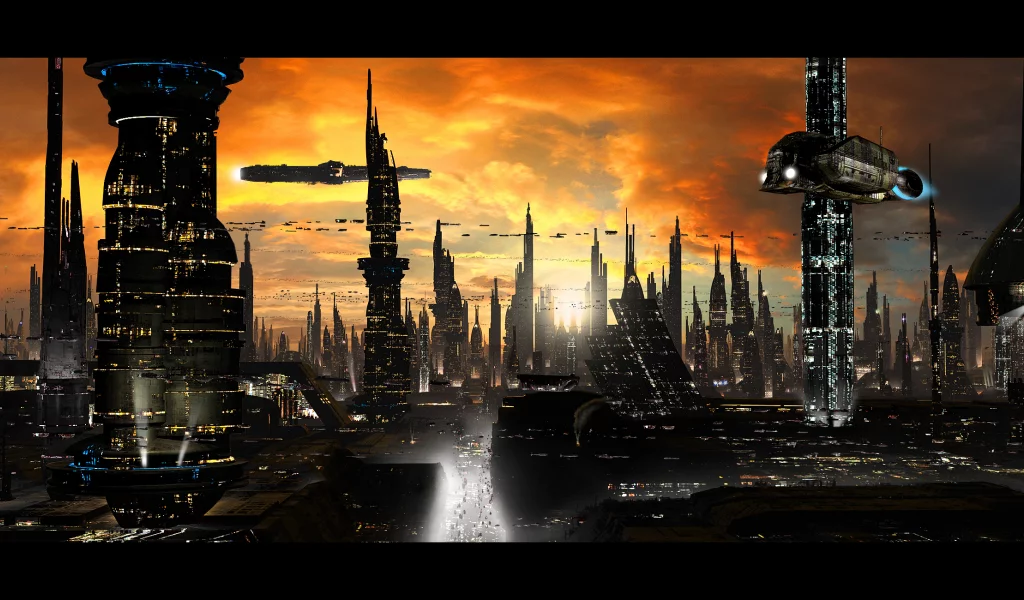 город, city, planet, futuristic, home, second, future, panorama, sunset, planet, space, see, in, spaceship, star, sky, see, up, dark, night, summer, wide