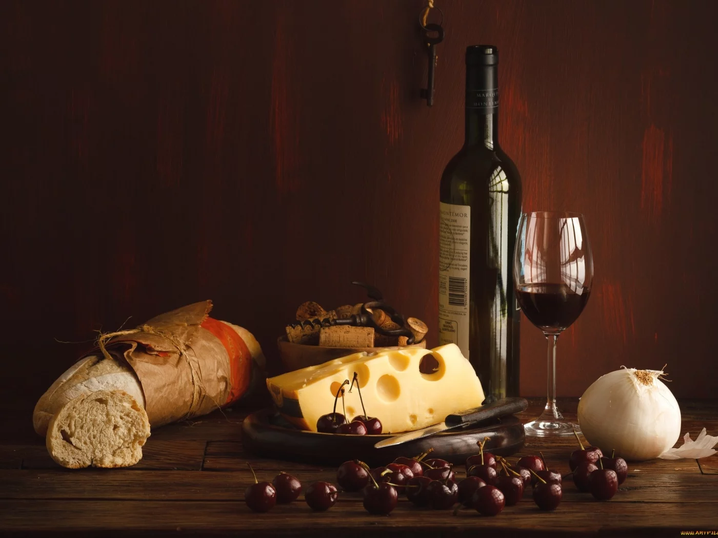 вино, сыр, хлеб, лук, вишня, bread, onion, cherry, wine, cheese, diferent, room, nice, environment, wood, table, main, room, read, bira, nice, see, wide