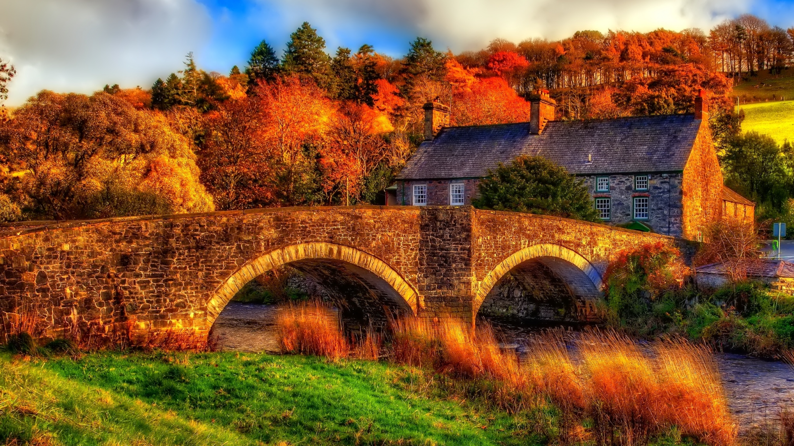 мосты, дома, реки, осень