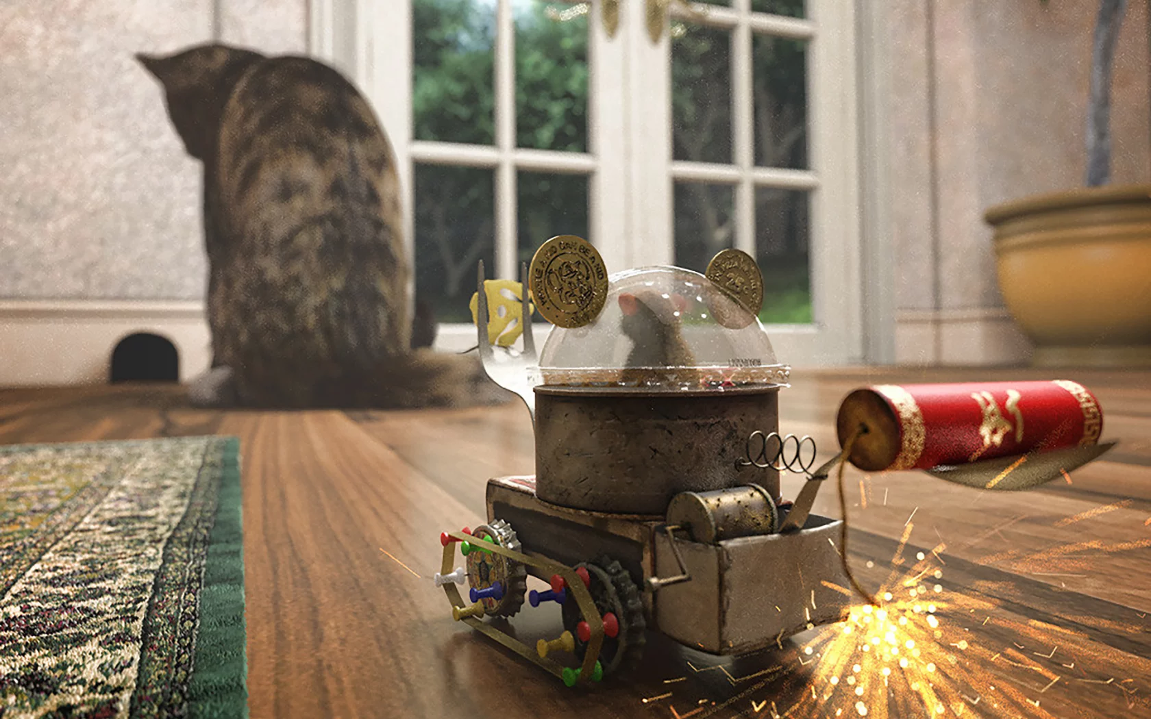 цель захвачена, мышонок, кот, target, mouse, cat, art, front, back, арт, smile, childs play, cat, car, sun, summer, sunny, nature, nice, wide