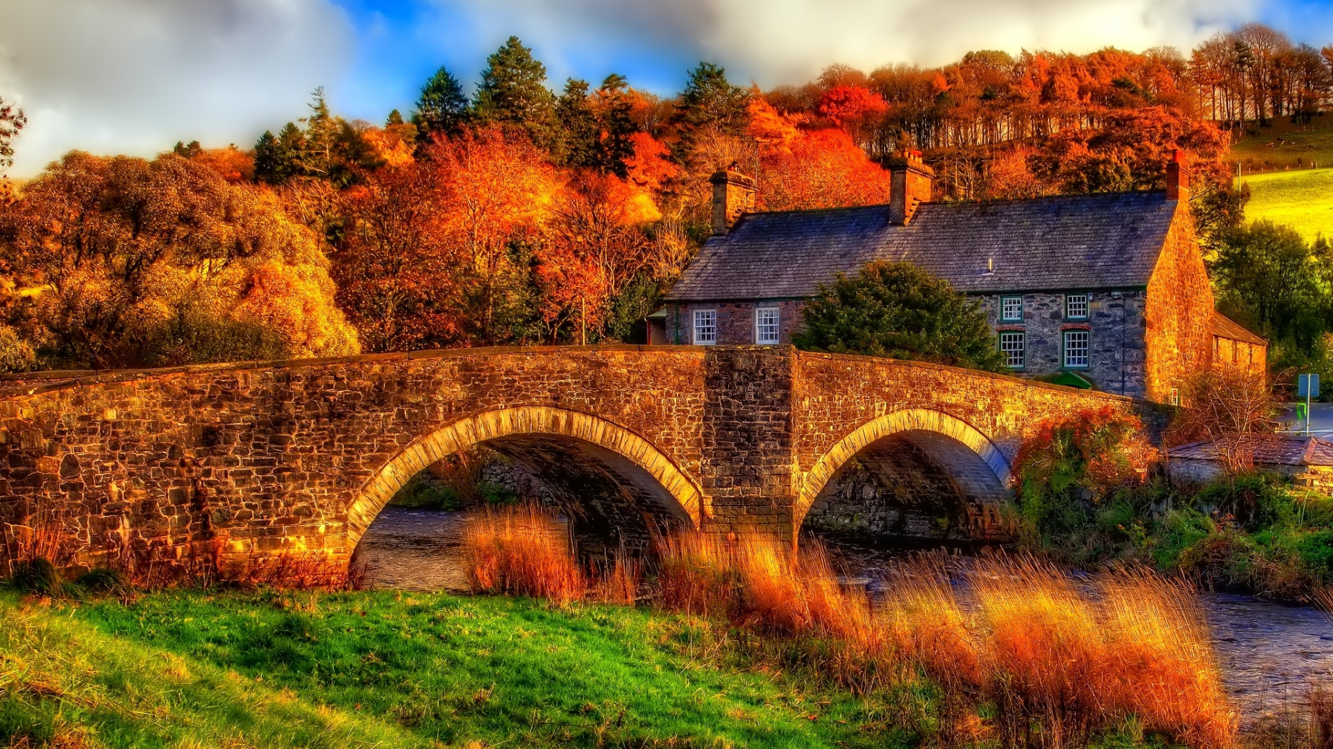 мосты, дома, реки, осень