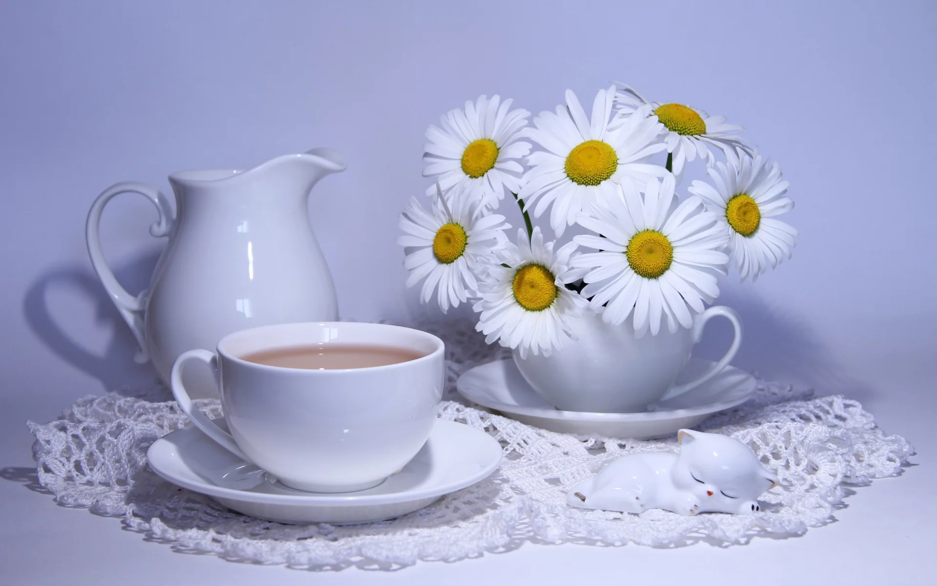 bouquets, кувшин, кофе, camomiles, ромашки