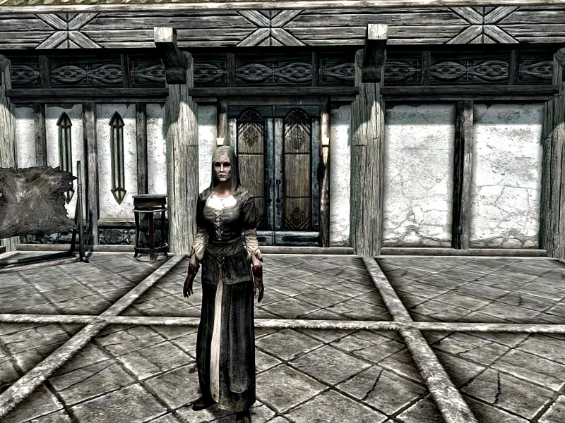 skyrim, герой, женщина, платье, фон, крыльцо, дом