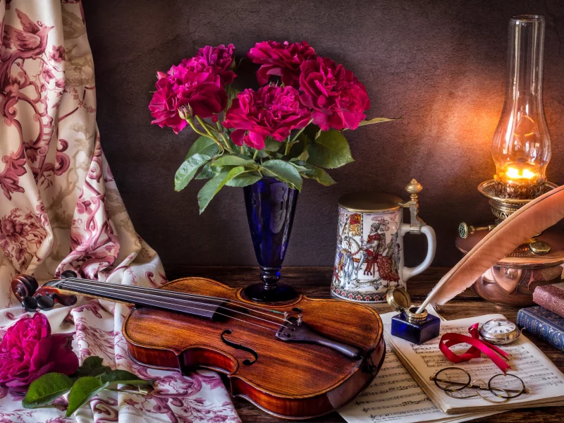 кабинет, скрипка, розы, керосиновая лампа, ноты, cabinet, violin, roses, kerosene lamp, notes, study, library, old, room, environment, retro, nice, wood, library, table, wide, book, books, read, table, read, wide
