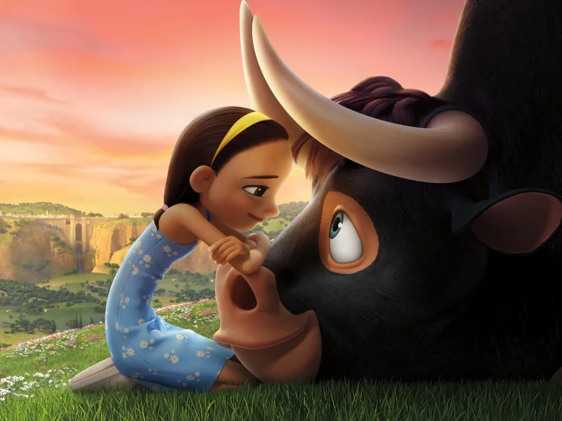 девочка, бык, мультфильм, фердинанд, girl, bull, cartoon, ferdinand, meadow, una, sun, summer, see, front, black, smile, flowers, field, sun, summer, see, nice, wide