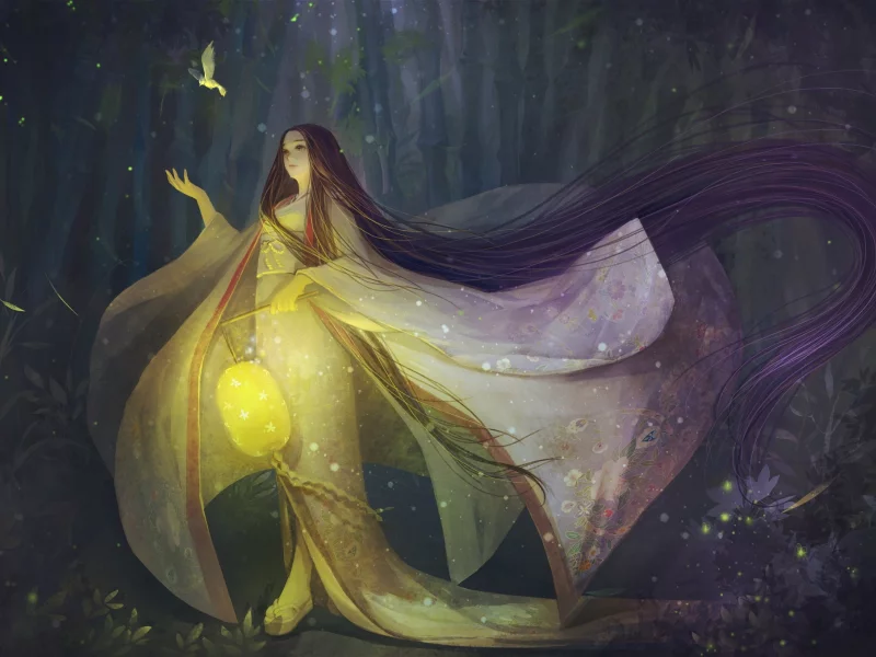 fantasy, лес, orry lee, фонарик, птичка, арт, магия, иллюстрация, повесть о старике такэтори