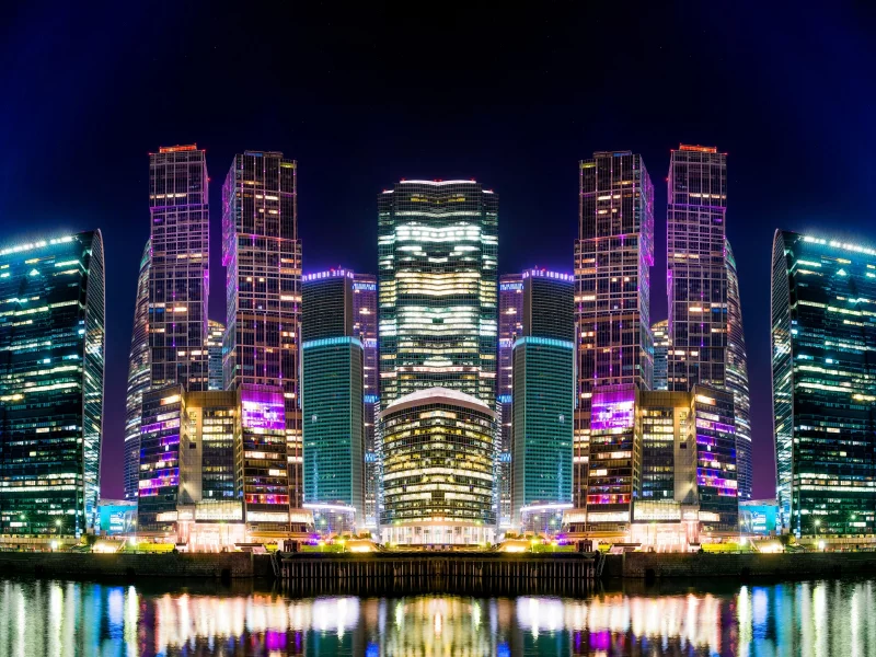 небоскребы, дома, россия, столица, огни, ночь, москва, река