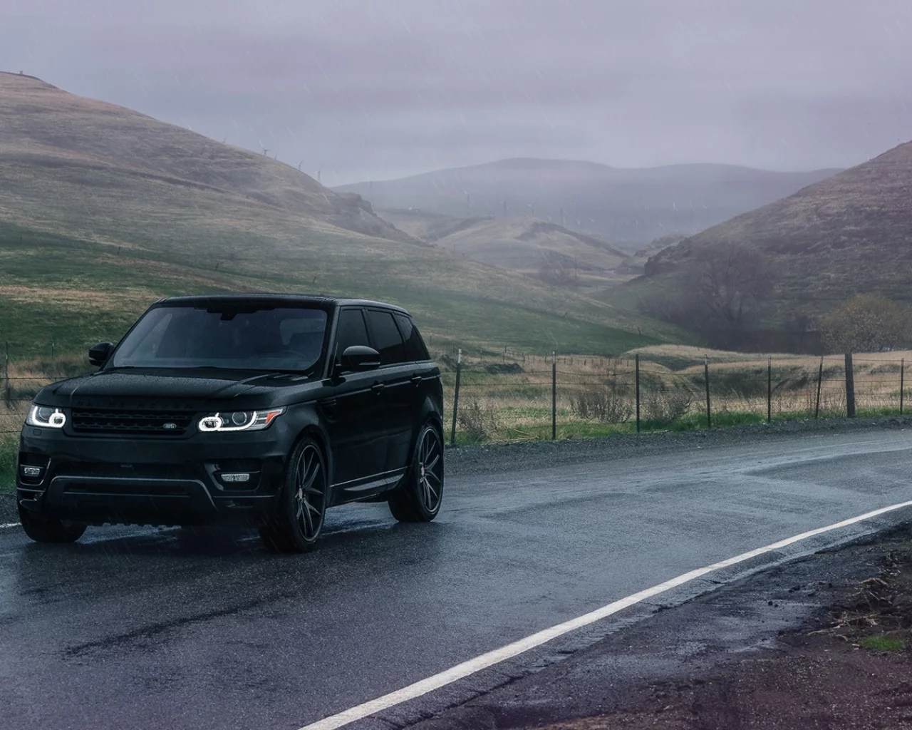land rover, range rover sport, пейзаж, пасмурно, дождь