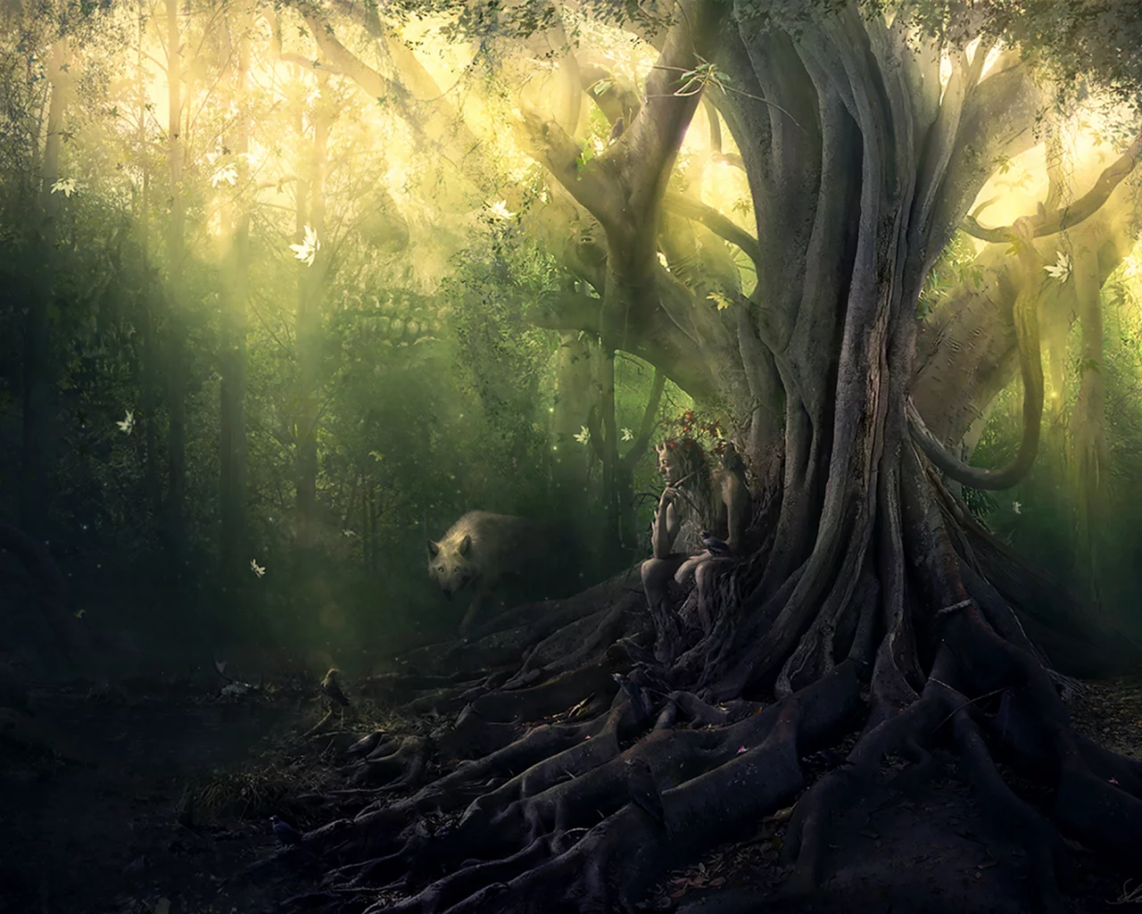 лес, фавн, волк, дерево, forest, faun, wolf, tree, old, dense, trees, sunrise, grass, green, fence, leaves, mist, moss, trees, forest, fallen, park, green, nature, landscapes, trail, woods, leaves, dark, see, day, summer, wide