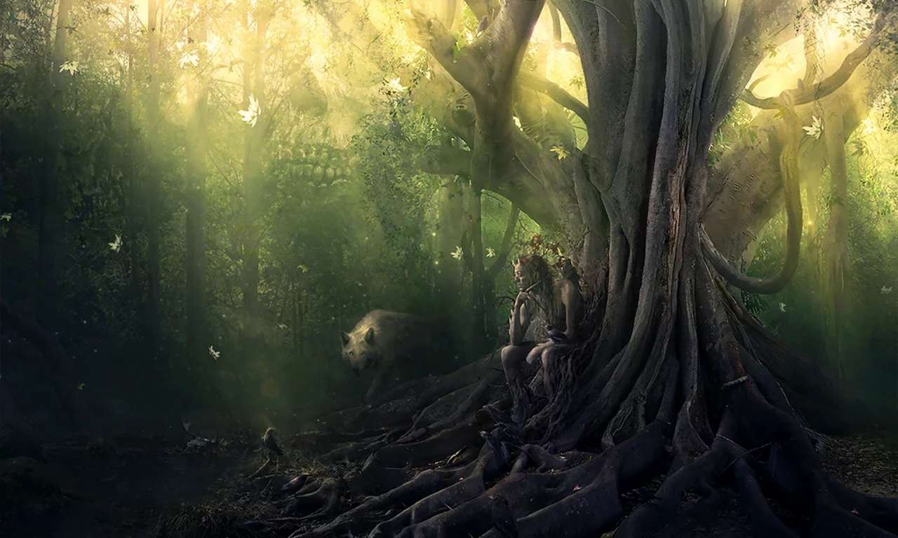 лес, фавн, волк, дерево, forest, faun, wolf, tree, old, dense, trees, sunrise, grass, green, fence, leaves, mist, moss, trees, forest, fallen, park, green, nature, landscapes, trail, woods, leaves, dark, see, day, summer, wide