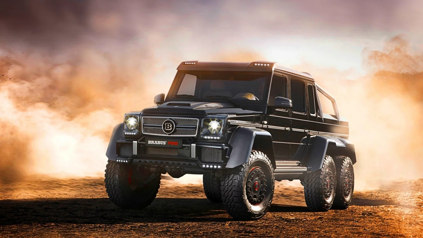мерседес, mercedes, brabus, 700, b63s, spez, suv, 6x6, modern, power, mod, car, sun, sky, summer, sand, see, indusrial, front, black, nice, wide