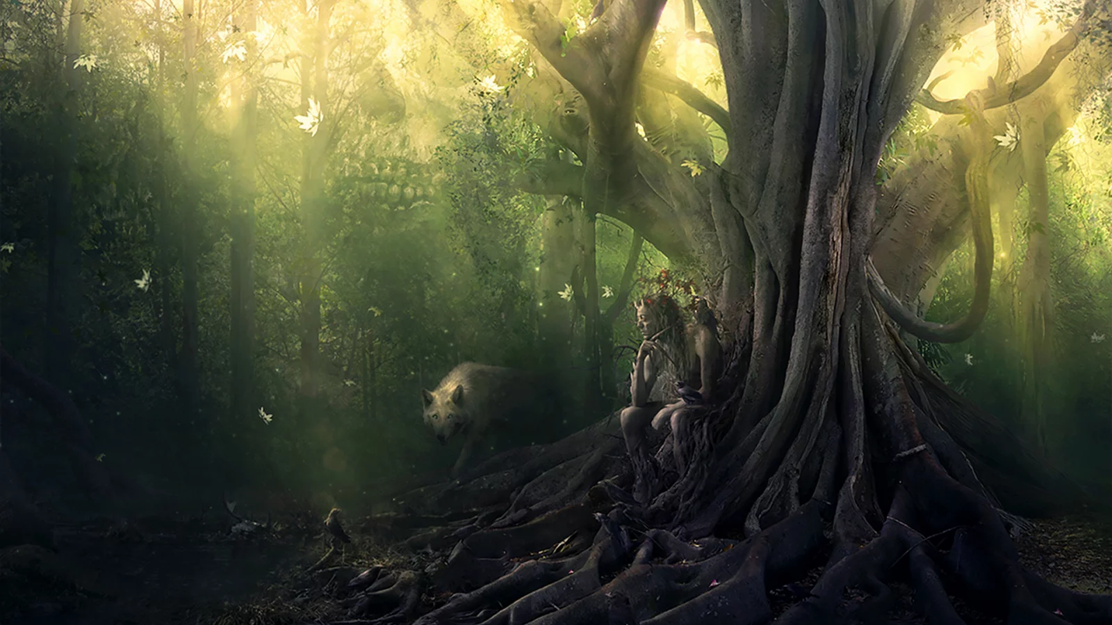 лес, фавн, волк, дерево, forest, faun, wolf, tree, old, dense, trees, sunrise, grass, green, fence, leaves, mist, moss, trees, forest, fallen, park, green, nature, landscapes, trail, woods, leaves, dark, see, day, summer, wide
