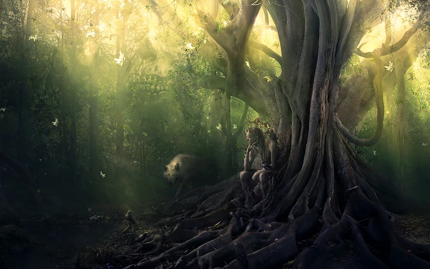 лес, фавн, волк, дерево, forest, faun, wolf, tree, old, dense, trees, sunrise, grass, green, fence, leaves, mist, moss, trees, forest, fallen, park, green, nature, landscapes, trail, woods, leaves, dark, see, day, summer, wide