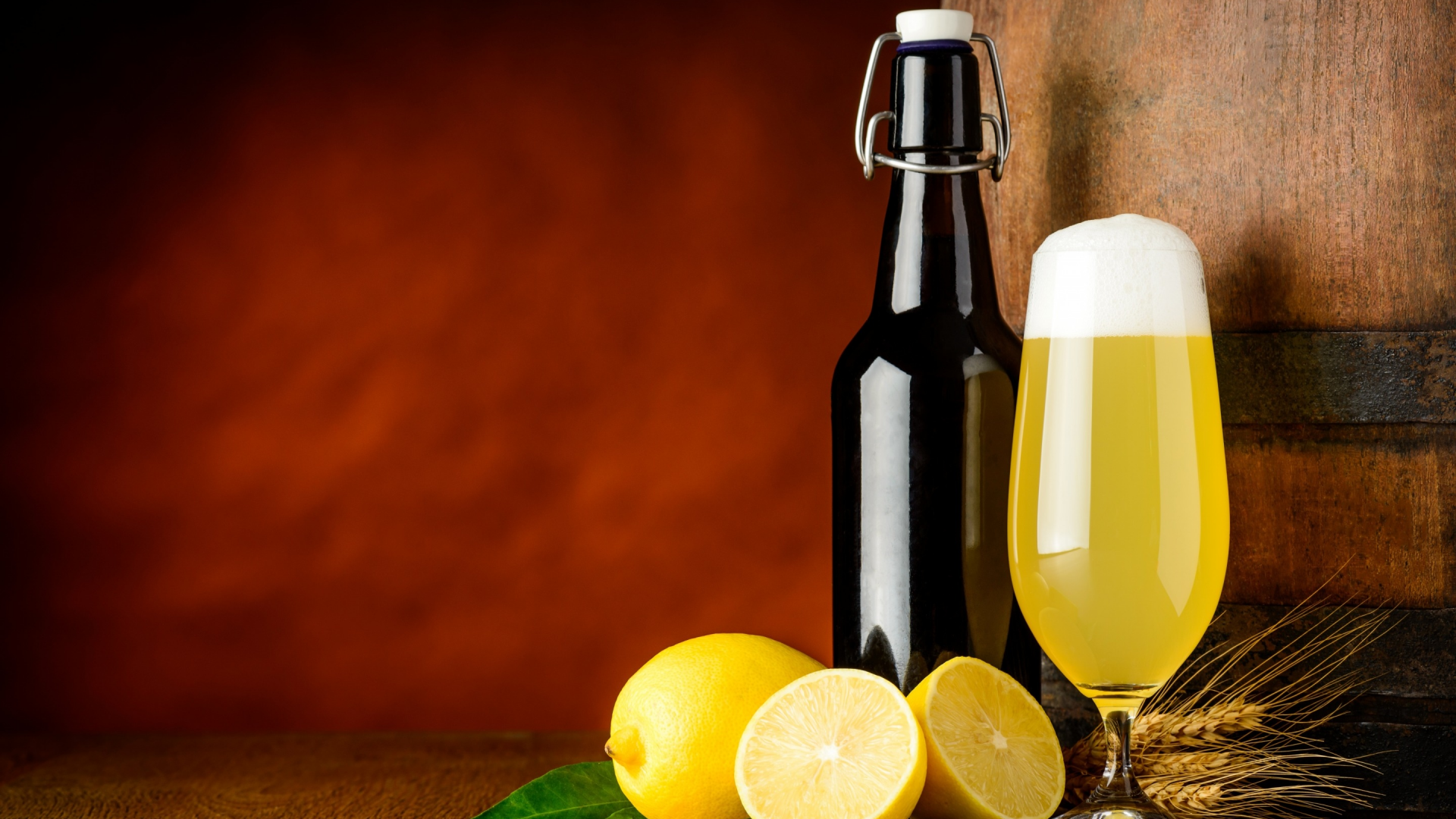 пиво, желтые, лимоны, фрукты, колоски, цитрусы, сок, бокал, бочка, бутылка