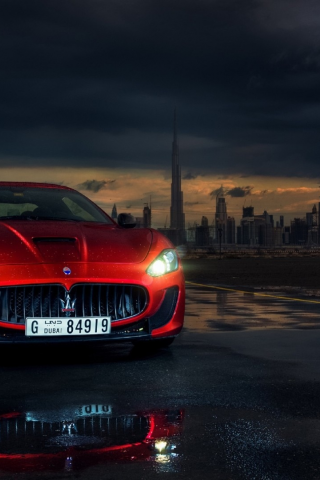 maserati, granturismo, dubai, дубаи, красный, дождь, ночь, горизонт