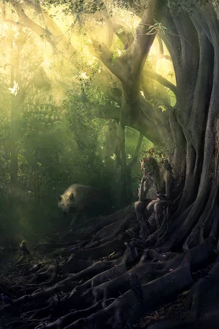лес, фавн, волк, дерево, forest, faun, wolf, tree, old, dense, trees, sunrise, grass, green, fence, leaves, mist, moss, trees, forest, fallen, park, green, nature, landscapes, trail, woods, leaves, dark, see, day, summer, wide