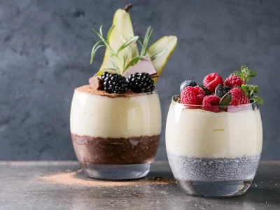 завтрак, porridge, pudding, малина, йогурт, черника, десерт